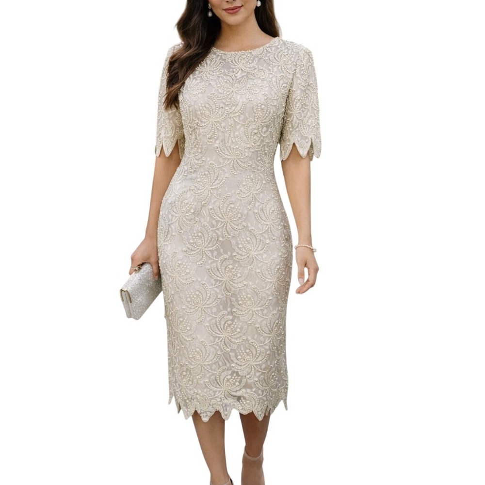 Carina‎ International Vintage Beaded Pearl Lace Sheath Dress Cream White Size M